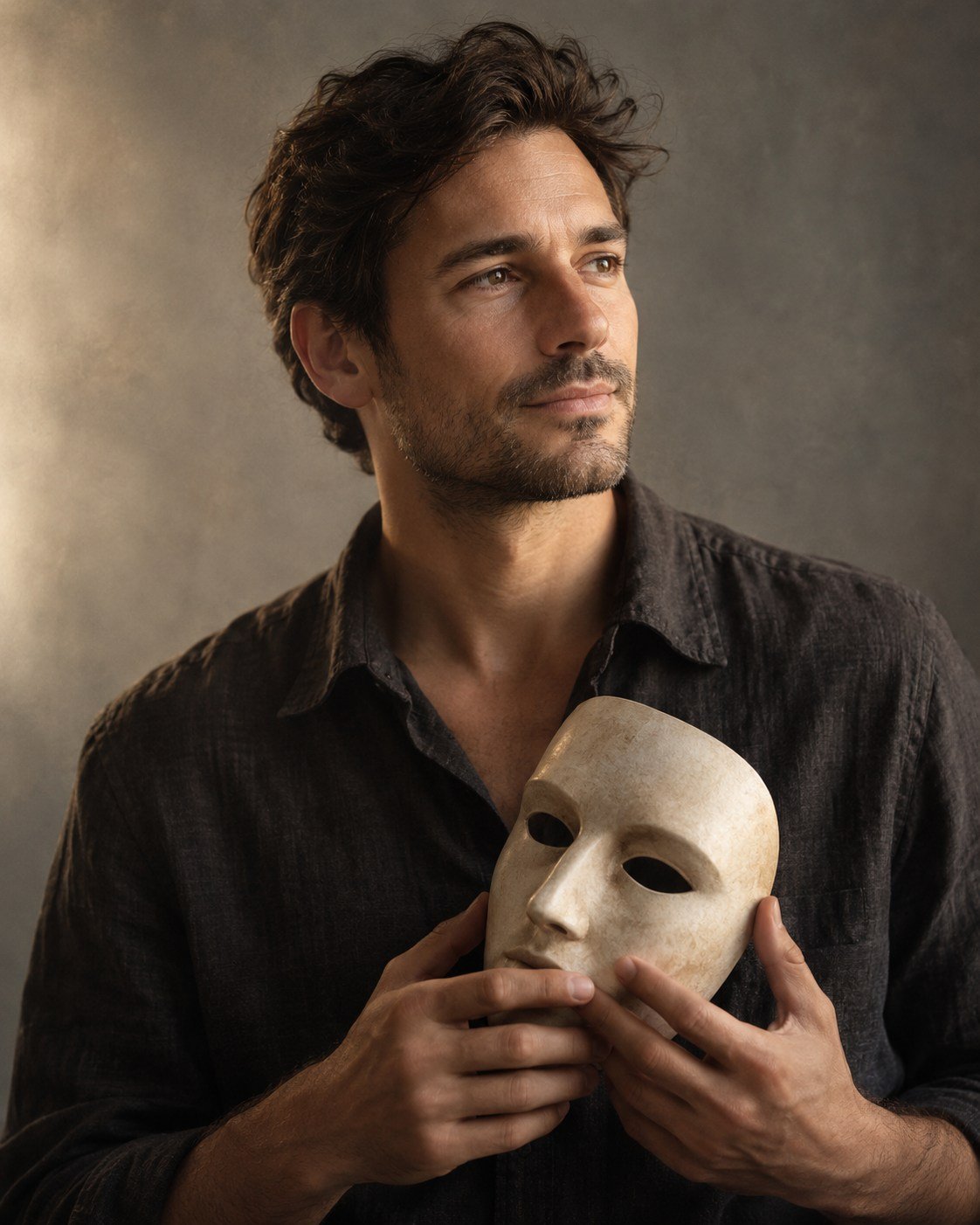 A man holding an ivory mask below his face